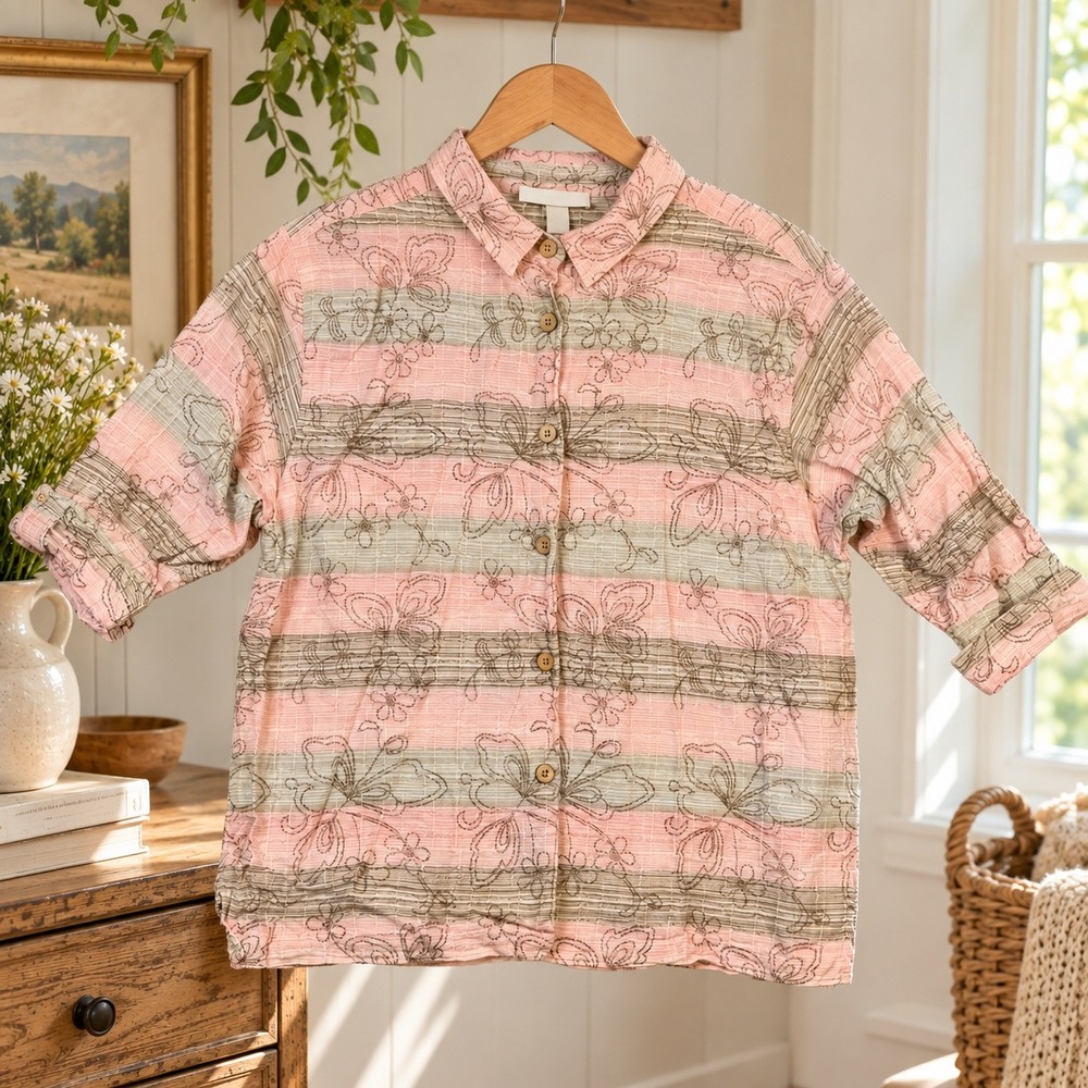 Dressbarn Womens XL Pink Striped Floral Embroidered Cotton Button Up